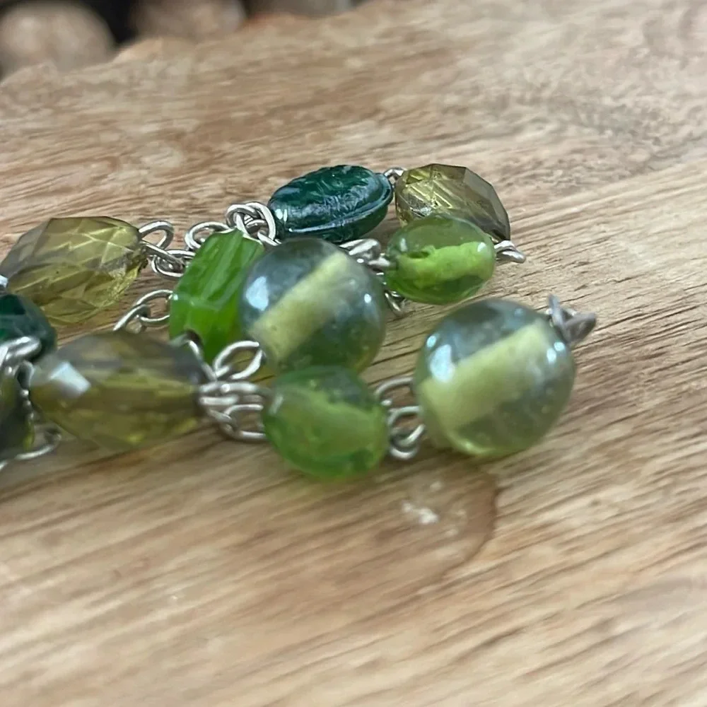 Beaded long necklace glass green silver link chain boho casual